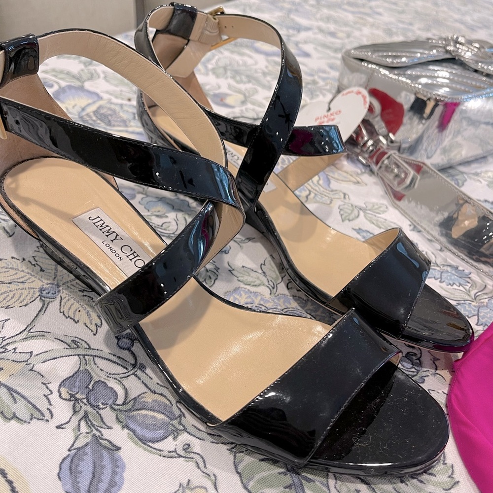 Jimmy Choo Chiara Patent Leather Sandal with small wedge
